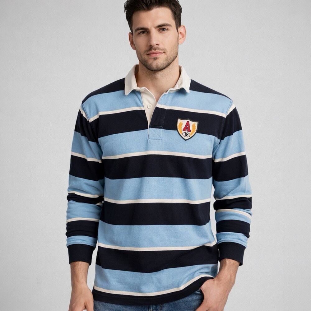 Abercrombie & Fitch Blue Striped Rugby Polo Shirt Preppy 100% Cotton Mens XL